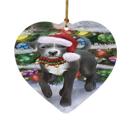 Trotting in the Snow Pitbull Dog Heart Christmas Ornament HPORA58467