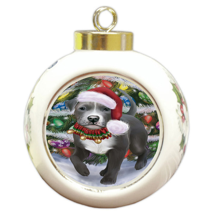 Trotting in the Snow Pitbull Dog Round Ball Christmas Ornament RBPOR58462