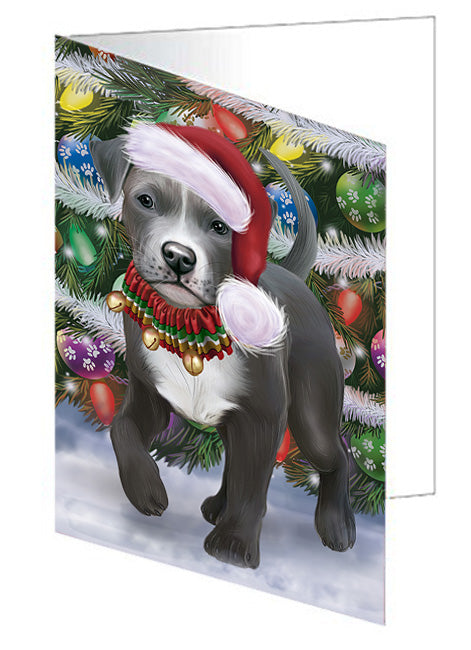 Trotting in the Snow Pitbull Dog Handmade Artwork Assorted Pets Greeting Cards and Note Cards with Envelopes for All Occasions and Holiday Seasons GCD75413