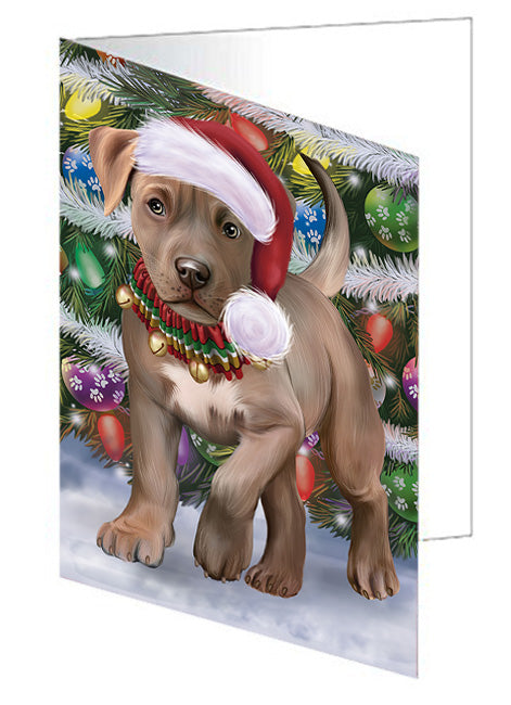 Trotting in the Snow Pitbull Dog Handmade Artwork Assorted Pets Greeting Cards and Note Cards with Envelopes for All Occasions and Holiday Seasons GCD75416