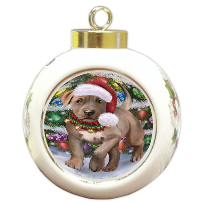 Trotting in the Snow Pitbull Dog Round Ball Christmas Ornament RBPOR58463