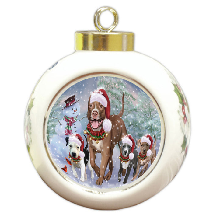 Christmas Running Family Pitbull Dogs Round Ball Christmas Ornament RBPOR58433