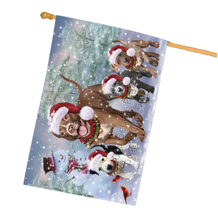 Christmas Running Family Pit Bull Dogs House Flag FLG66121