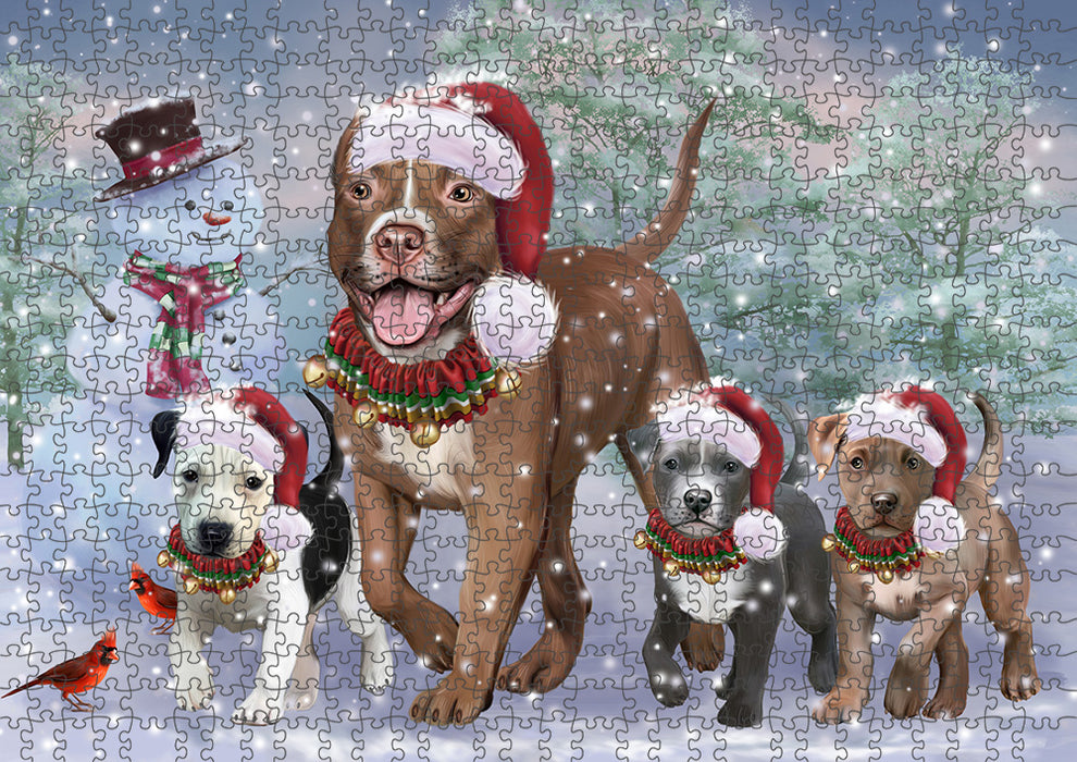 Christmas Running Family Pitbull Dogs Portrait Jigsaw Puzzle for Adults Animal Interlocking Puzzle Game Unique Gift for Dog Lover's with Metal Tin Box