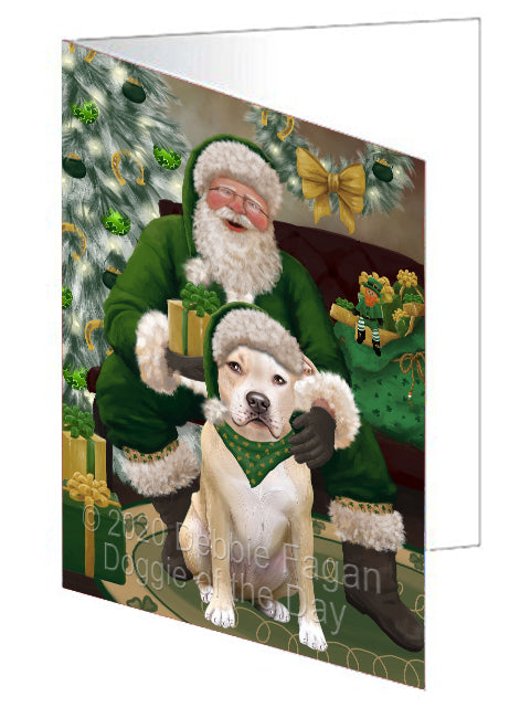 Christmas Irish Santa with Gift and Pitbull Dog Handmade Artwork Assorted Pets Greeting Cards and Note Cards with Envelopes for All Occasions and Holiday Seasons GCD75920