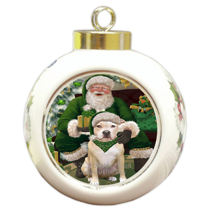 Christmas Irish Santa with Gift and Pitbull Dog Round Ball Christmas Ornament RBPOR57950
