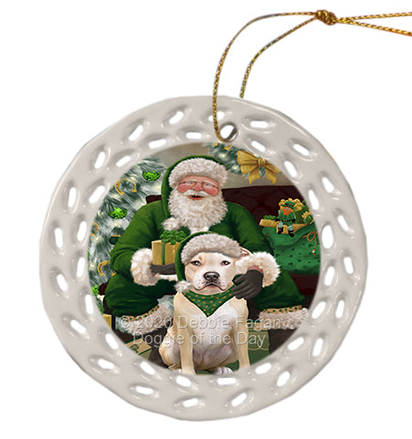 Christmas Irish Santa with Gift and Pitbull Dog Doily Ornament DPOR59512
