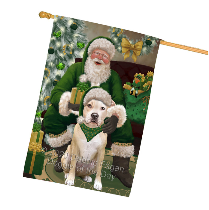 Christmas Irish Santa with Gift and Pitbull Dog House Flag FLG66722