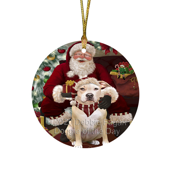 Santa's Christmas Surprise Pitbull Dog Round Flat Christmas Ornament RFPOR58049