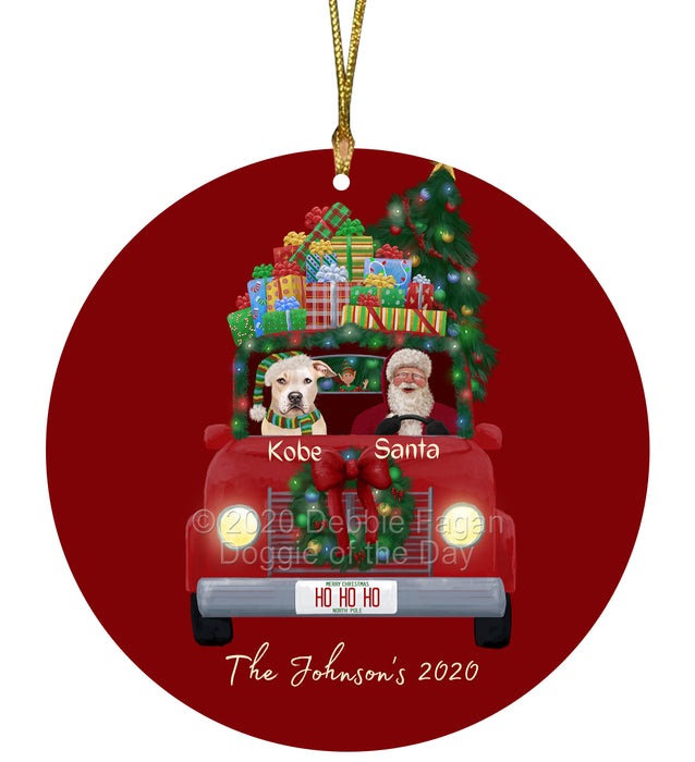 Personalized Christmas Honk Honk Red Truck Here Comes with Santa and Pitbull Dog Round Flat Ornament PRBPOR59101