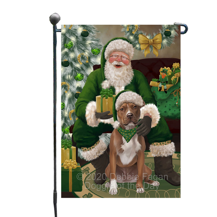 Christmas Irish Santa with Gift and Pitbull Dog Garden Flag GFLG66667