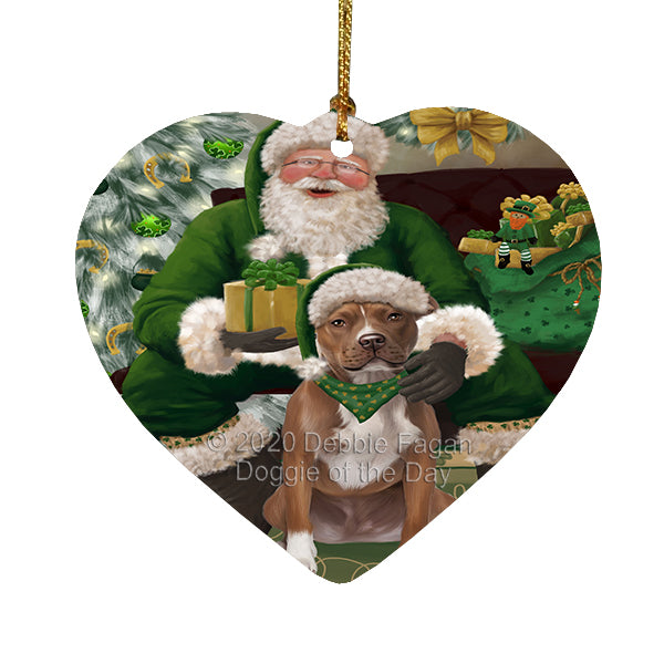 Christmas Irish Santa with Gift and Pitbull Dog Heart Christmas Ornament RFPOR58293