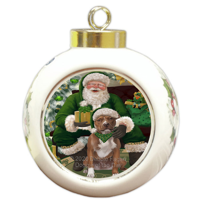 Christmas Irish Santa with Gift and Pitbull Dog Round Ball Christmas Ornament RBPOR57951