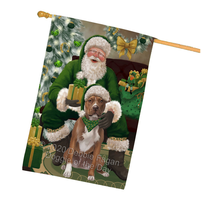 Christmas Irish Santa with Gift and Pitbull Dog House Flag FLG66723