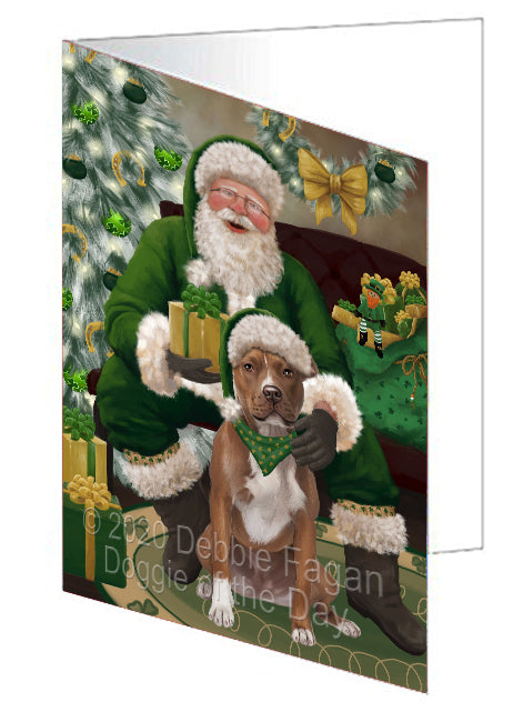 Christmas Irish Santa with Gift and Pitbull Dog Handmade Artwork Assorted Pets Greeting Cards and Note Cards with Envelopes for All Occasions and Holiday Seasons GCD75923