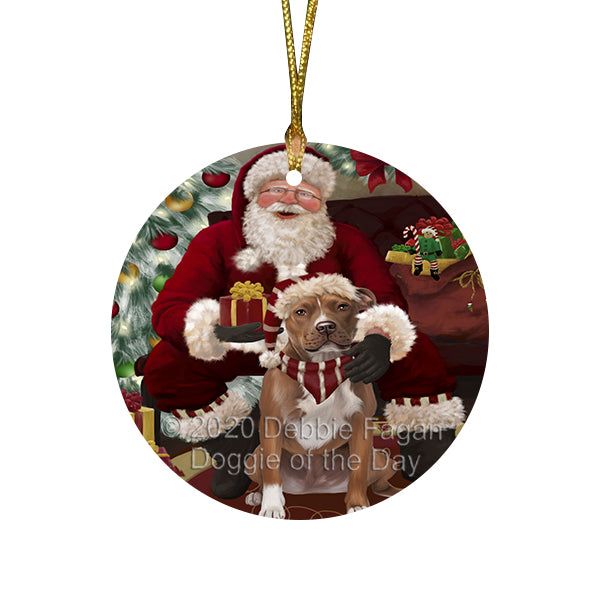 Santa's Christmas Surprise Pitbull Dog Round Flat Christmas Ornament RFPOR58050