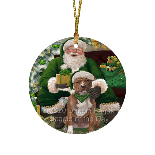 Christmas Irish Santa with Gift and Persian Cat Round Flat Christmas Ornament RFPOR57949