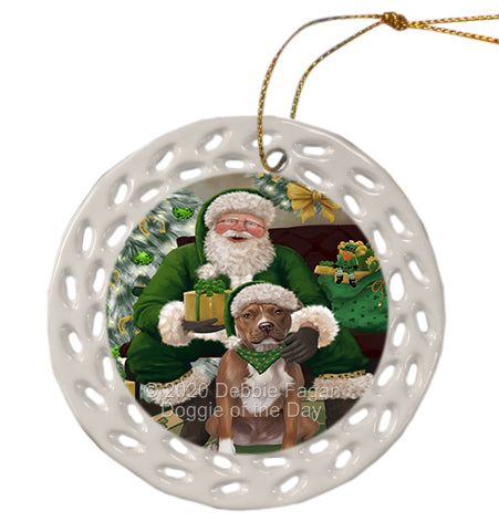 Christmas Irish Santa with Gift and Pitbull Dog Doily Ornament DPOR59513