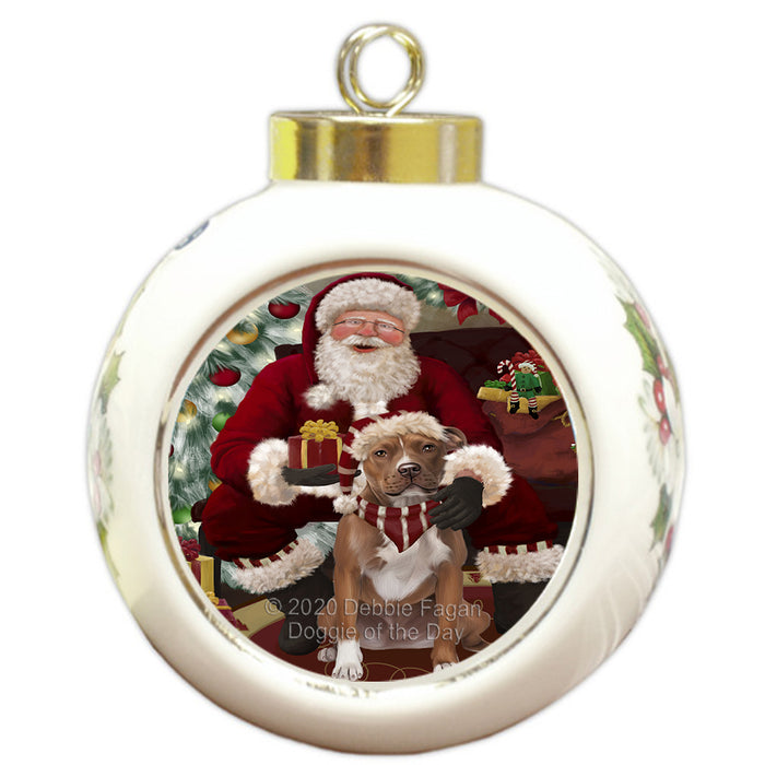 Santa's Christmas Surprise Pitbull Dog Round Ball Christmas Ornament RBPOR58050