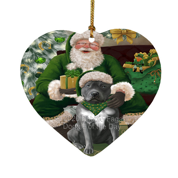 Christmas Irish Santa with Gift and Pitbull Dog Heart Christmas Ornament RFPOR58294