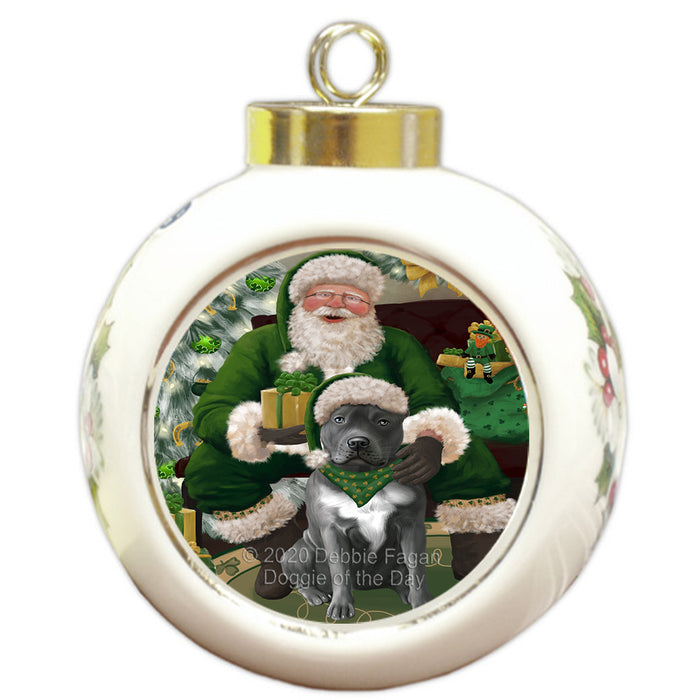 Christmas Irish Santa with Gift and Pitbull Dog Round Ball Christmas Ornament RBPOR57952