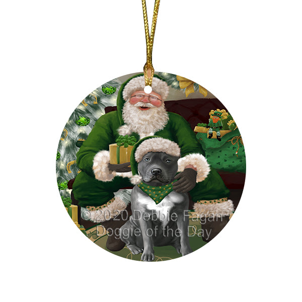 Christmas Irish Santa with Gift and Pitbull Dog Round Flat Christmas Ornament RFPOR57950