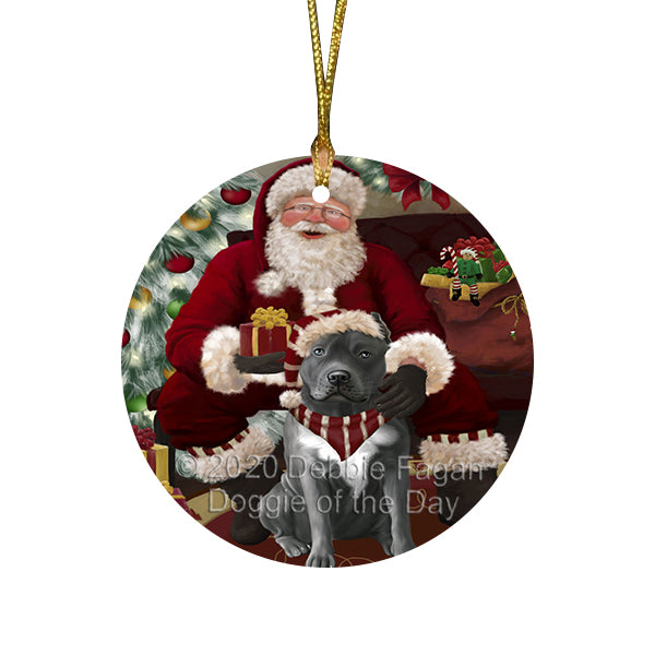 Santa's Christmas Surprise Pitbull Dog Round Flat Christmas Ornament RFPOR58051