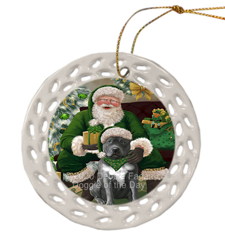 Christmas Irish Santa with Gift and Pitbull Dog Doily Ornament DPOR59514