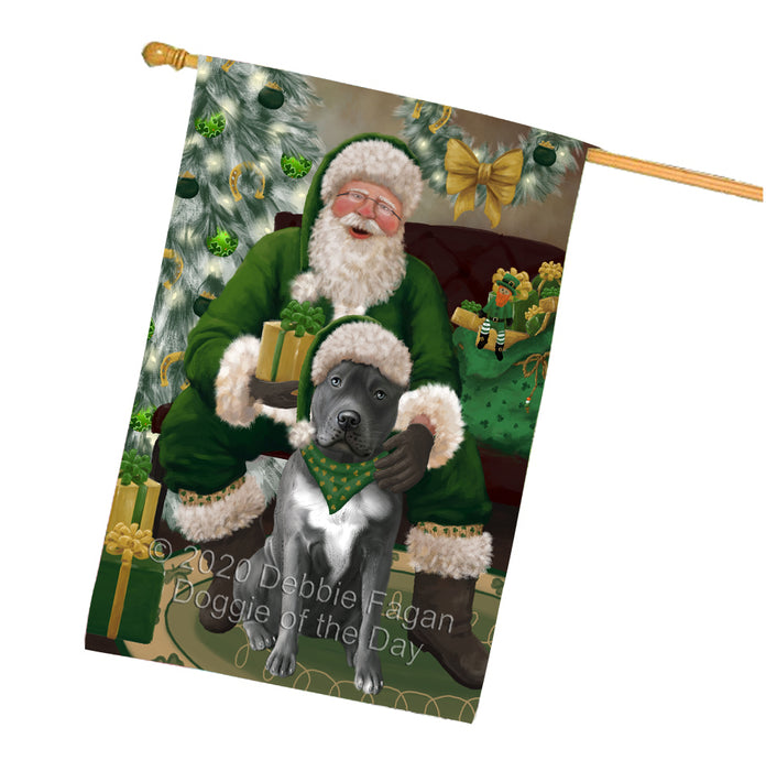 Christmas Irish Santa with Gift and Pitbull Dog House Flag FLG66724