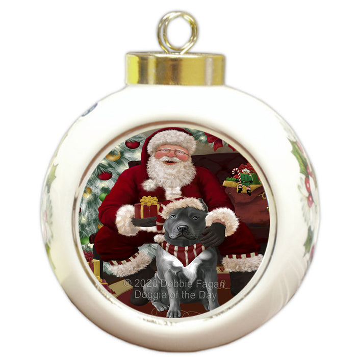 Santa's Christmas Surprise Pitbull Dog Round Ball Christmas Ornament RBPOR58051