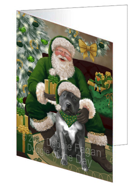 Christmas Irish Santa with Gift and Pitbull Dog Handmade Artwork Assorted Pets Greeting Cards and Note Cards with Envelopes for All Occasions and Holiday Seasons GCD75926