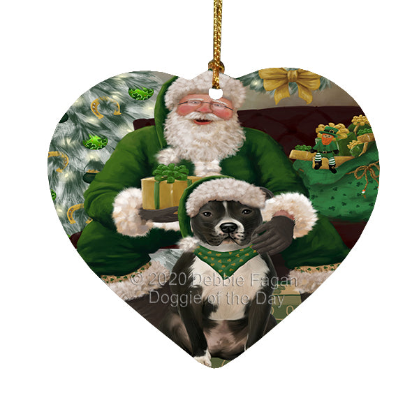 Christmas Irish Santa with Gift and Pitbull Dog Heart Christmas Ornament RFPOR58295