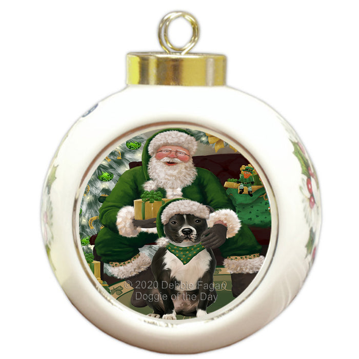 Christmas Irish Santa with Gift and Pitbull Dog Round Ball Christmas Ornament RBPOR57953
