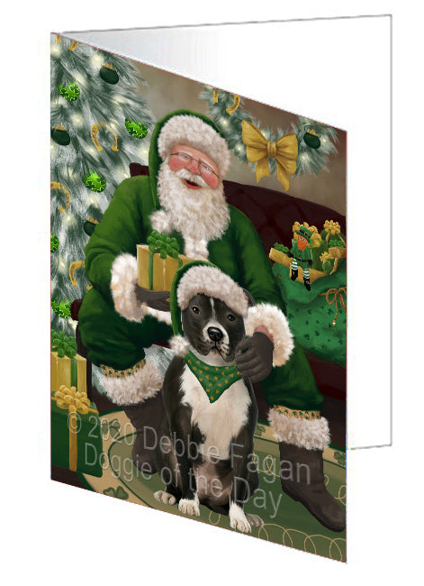 Christmas Irish Santa with Gift and Pitbull Dog Handmade Artwork Assorted Pets Greeting Cards and Note Cards with Envelopes for All Occasions and Holiday Seasons GCD75929