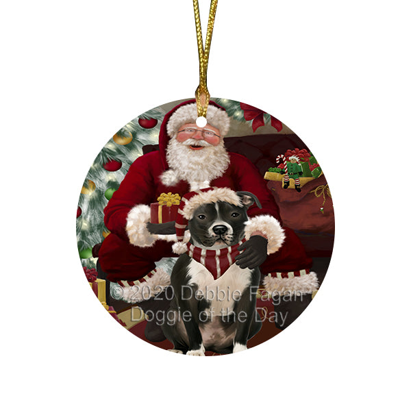 Santa's Christmas Surprise Pitbull Dog Round Flat Christmas Ornament RFPOR58052
