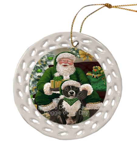 Christmas Irish Santa with Gift and Pitbull Dog Doily Ornament DPOR59515