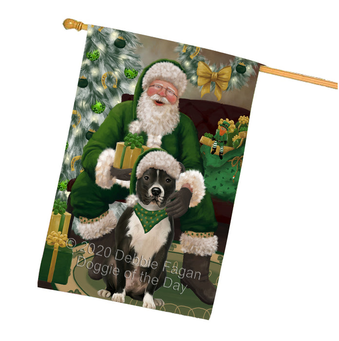 Christmas Irish Santa with Gift and Pitbull Dog House Flag FLG66725