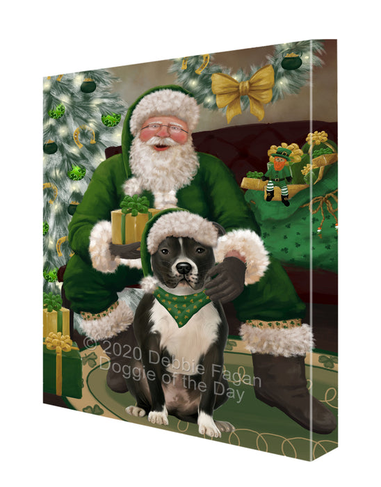 Christmas Irish Santa with Gift and Pitbull Dog Canvas Print Wall Art Décor CVS147923
