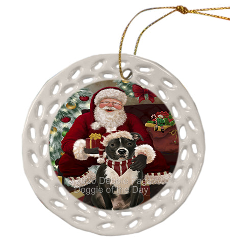 Santa's Christmas Surprise Pitbull Dog Doily Ornament DPOR59614