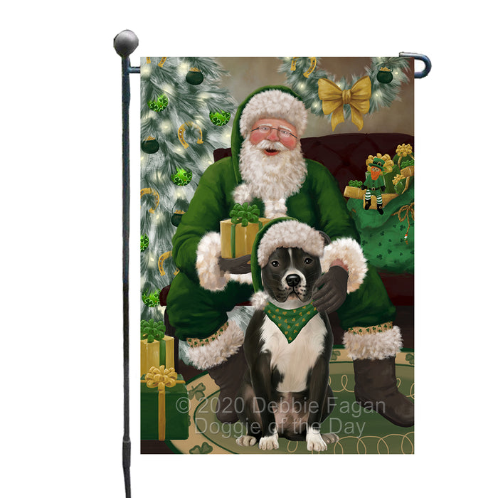 Christmas Irish Santa with Gift and Pitbull Dog Garden Flag GFLG66669