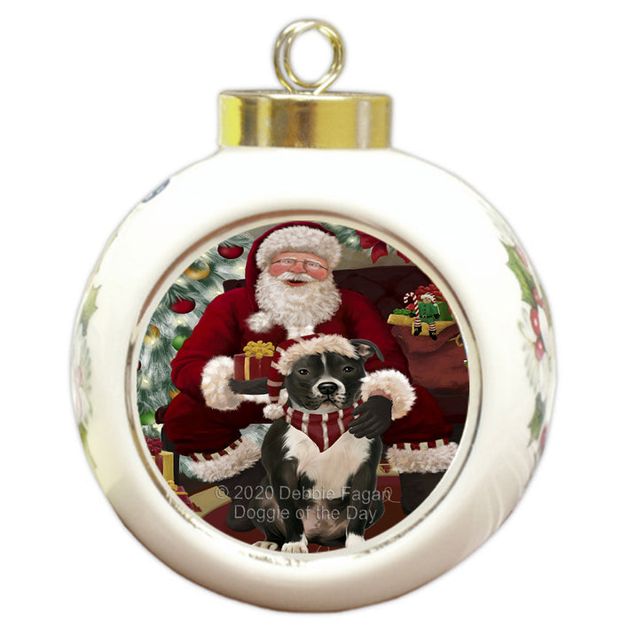 Santa's Christmas Surprise Pitbull Dog Round Ball Christmas Ornament RBPOR58052