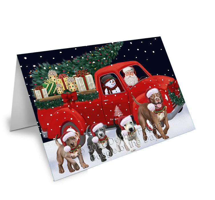 Christmas Express Delivery Red Truck Running Pitbull Dogs Handmade Artwork Assorted Pets Greeting Cards and Note Cards with Envelopes for All Occasions and Holiday Seasons GCD75191
