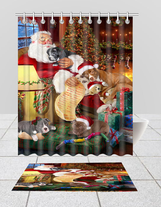 Santa Sleeping with Pit Bull Dogs  Bath Mat and Shower Curtain Combo