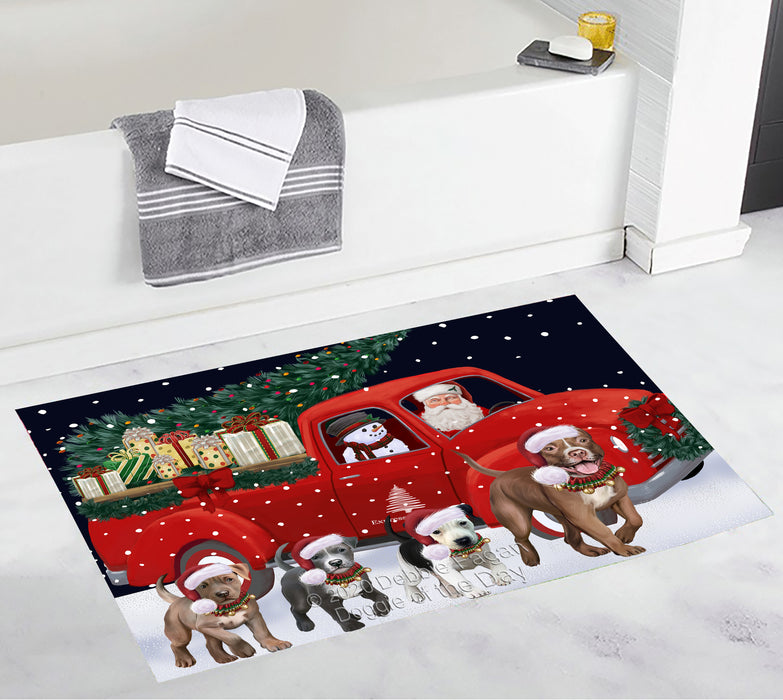 Christmas Express Delivery Red Truck Running Pitbull Dogs Bath Mat BRUG53557