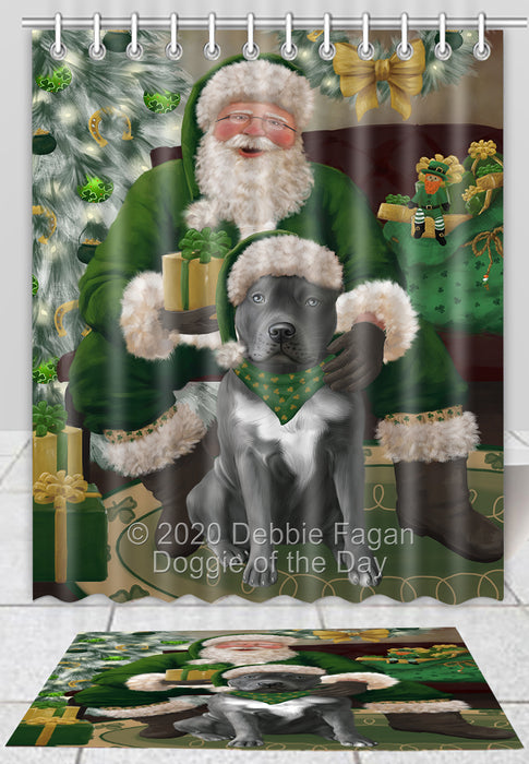 Christmas Irish Santa with Gift Pitbull Dog Bath Mat and Shower Curtain Combo