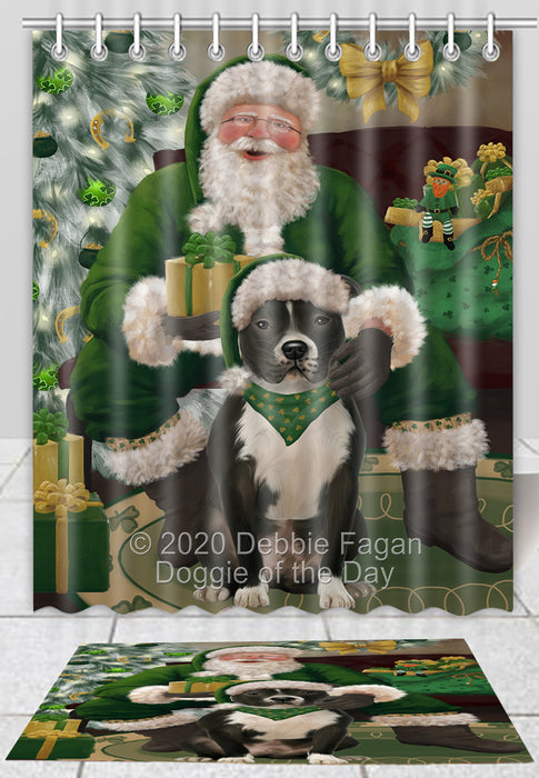 Christmas Irish Santa with Gift Pitbull Dog Bath Mat and Shower Curtain Combo