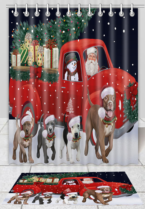Christmas Express Delivery Red Truck Running Pitbull Dogs Bath Mat and Shower Curtain Combo