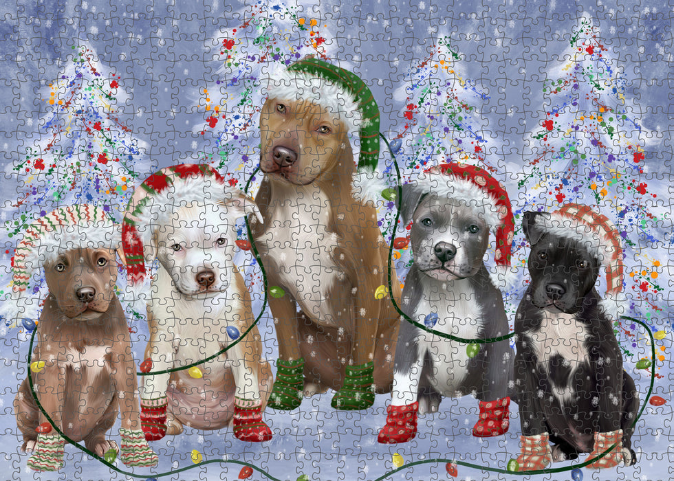 Christmas Lights and Pitbull Dogs Portrait Jigsaw Puzzle for Adults Animal Interlocking Puzzle Game Unique Gift for Dog Lover's with Metal Tin Box