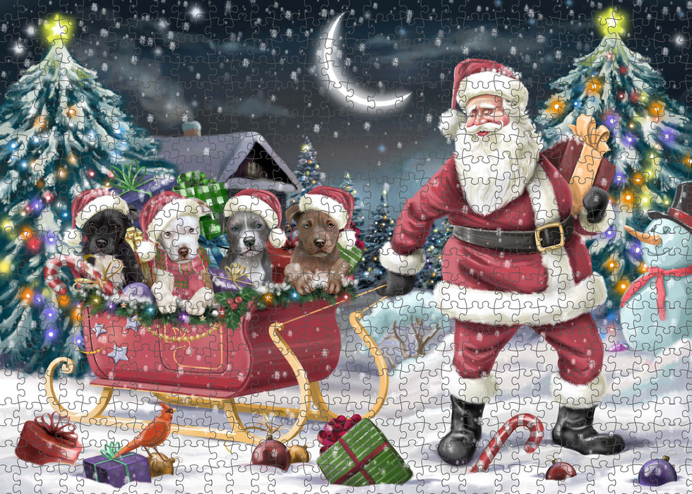 Christmas Santa Sled Pitbull Dogs Portrait Jigsaw Puzzle for Adults Animal Interlocking Puzzle Game Unique Gift for Dog Lover's with Metal Tin Box