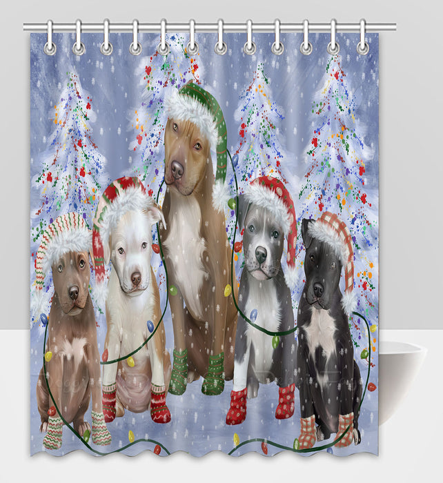 Christmas Lights and Pitbull Dogs Shower Curtain Pet Painting Bathtub Curtain Waterproof Polyester One-Side Printing Decor Bath Tub Curtain for Bathroom with Hooks